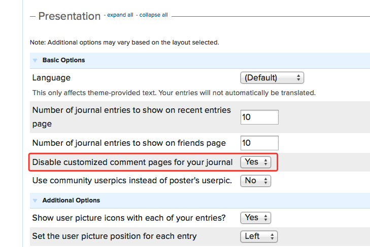 Disable customized comment pages for your journal